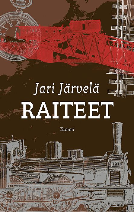 Jari Järvelän romaanin Raiteet kansikuvassa on mustalla pohjalla höyryveturi, raiteita ja taskukello.