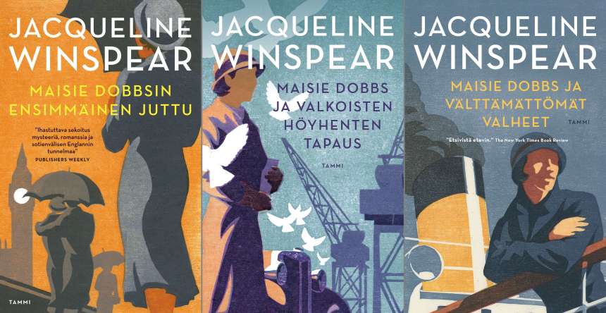 Jacqueline Winspearin Maisie Dobbs -sarjan kolmen ensimmäisen osan kansikuvat.