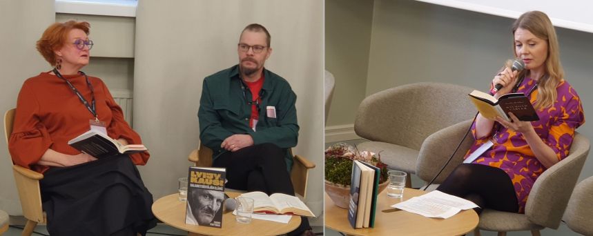 Kuvassa vasemmalla keskustelevat suomentaja Kaijamari Sivill ja kirjailija Tuomo Pirttimaa. Oikealla Raymond Carveria suomentanut Anna Isola lukee otetta Carverin teoksesta.